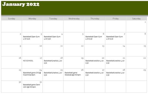 Athletic Calendar - January 2022